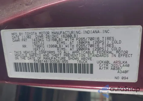 2003 Toyota Tundra Ltd V8 из США, поврежденный, VIN 5TBBT48193S361855